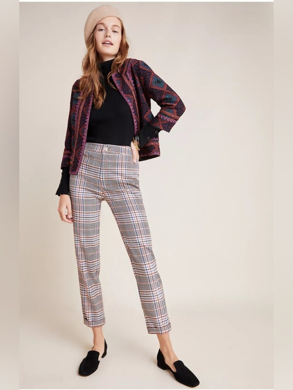Anthropologie Beige & Navy Houndstooth Malcolm Dress Pants 6 Office Business
